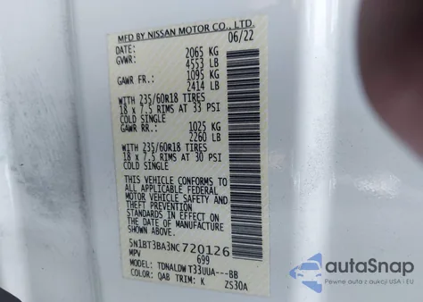 2022 Nissan Rogue Sv Fwd z USA, uszkodzony, nr VIN 5N1BT3BA3NC720126